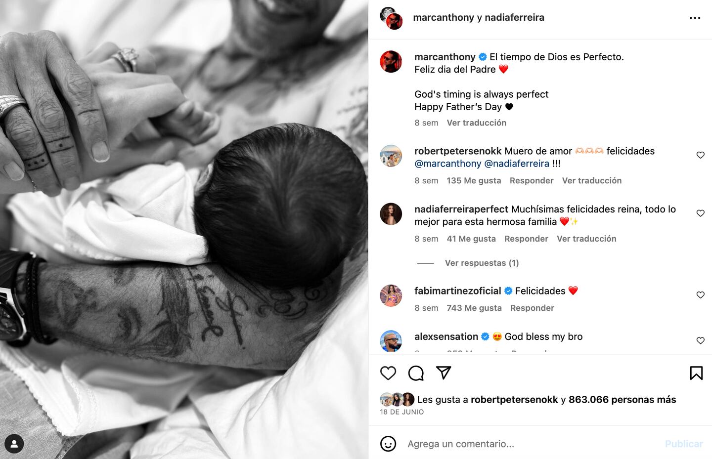 Marc Anthony y Nadia Ferreira anuncian el nacimiento de su bebé
