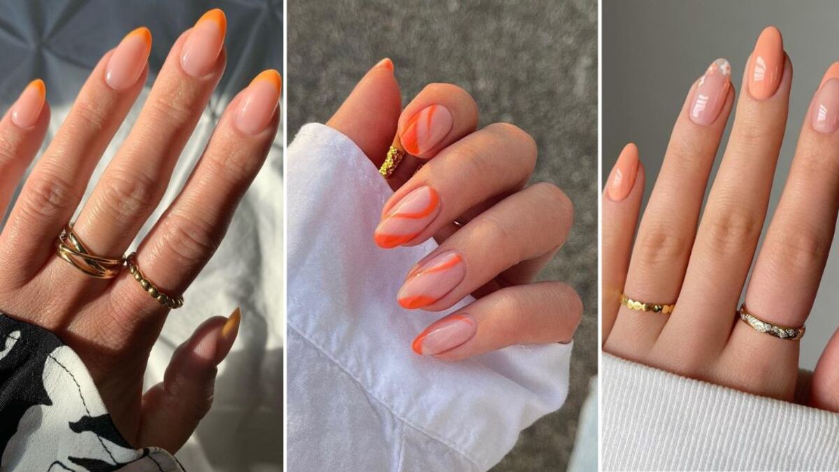 Tres diseños de uñas en color naranja