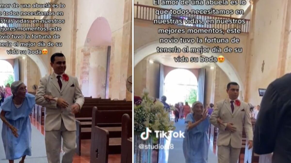 Abuela entró saludando al llevar al altar a su nieto