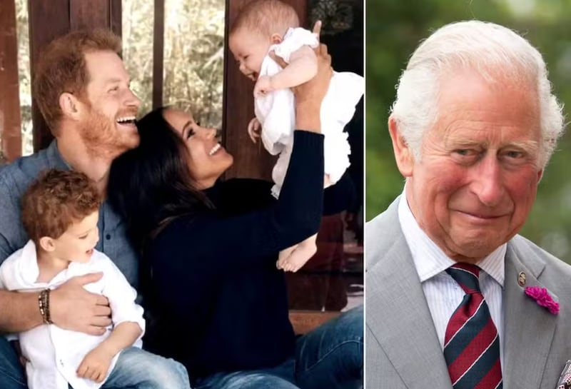 O Príncipe Harry, Meghan Markle e os filhos, Archie e Lilibet, e o Rei Charles III — Foto: Reprodução e Getty Images